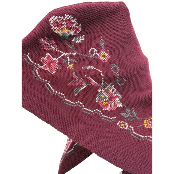 Christopher & Banks Long Sweater Sz S Burgundy Floral Cross Stitch Embroidered - Picture 6 of 9